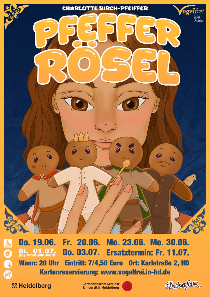 Plakat der Aufführung »Pfeffer-Rösel«. Es zeigt im Manga-Stil eine junge Frau, die vier Pfefferkuchenmännlein in der Hand hält, die verschiedene Figuren aus dem Theaterstück darstellen.